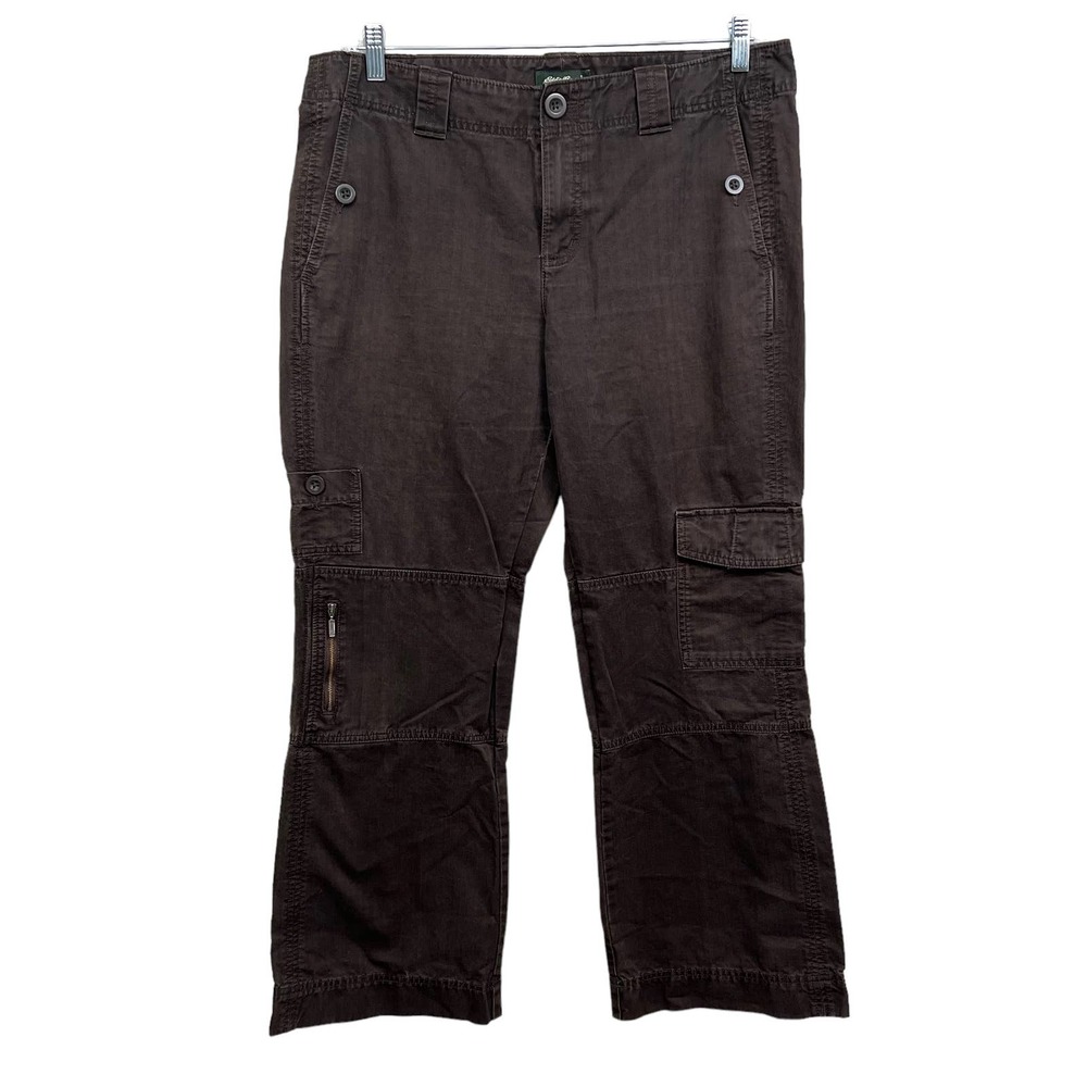 Eddie Bauer Cargo Pants 100% Cotton Mid Rise Flare Leg Zip Fly Brown Women 14